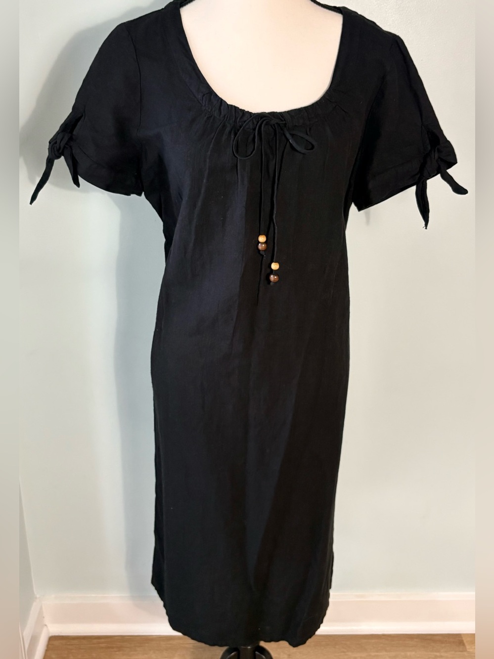 Hot Cotton Black Scoop Neck Midi Dress  Tie Sleeve Detail and Wooden beads.
